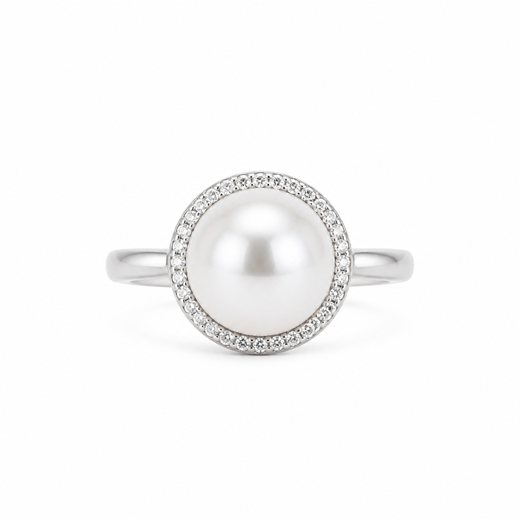 10mm Natural Pearl CZ Halo Sterling Silver AdjustableRing