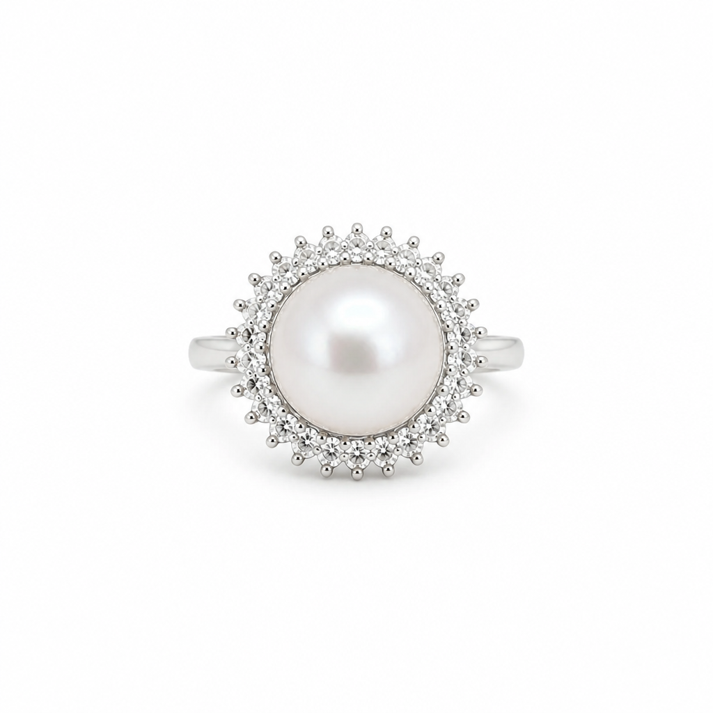 8mm Natural Pearl CZ Double Halo Sunburst Sterling Silver Adjustable Ring (Bridal, Everyday, Special Occasion)