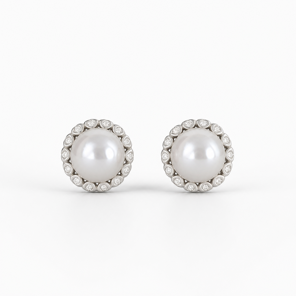8mm Natural Pearl CZ Halo Stud Sterling Silver 10mm Earrings (Bridal, Everyday, Special Occasion)