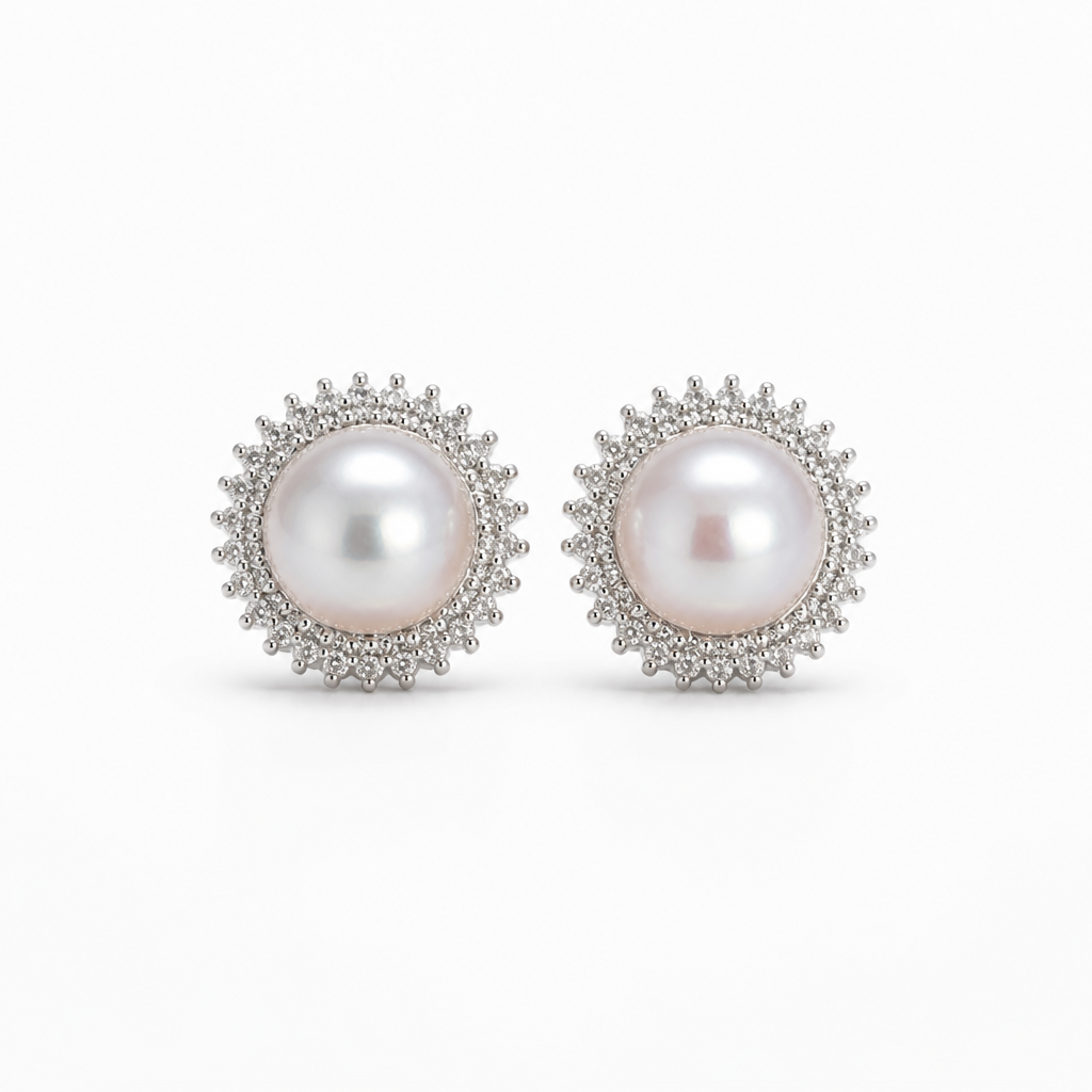 8.5mm Natural Pearl CZ Double Halo Stud (Bridal, Everyday, Special Occasion)