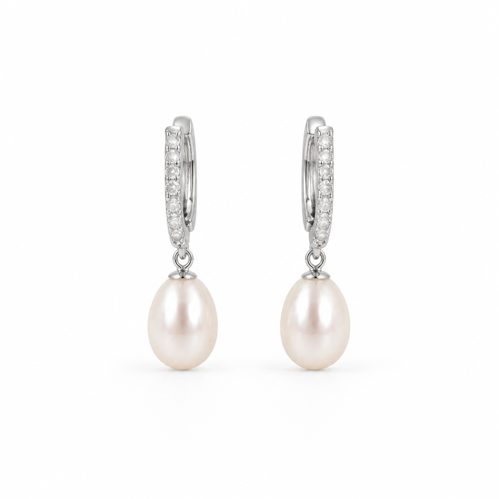 8mm Natural Pearl CZ Lever Back Drop Oblong Pearl (Bridal, Everyday, Special Occasion)