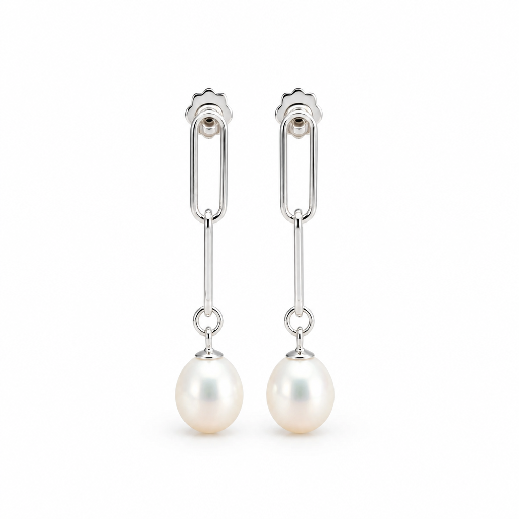 7mm Natural Pearl Paperclip Stud Dangle Drop (Bridal, Everyday, Special Occasion)