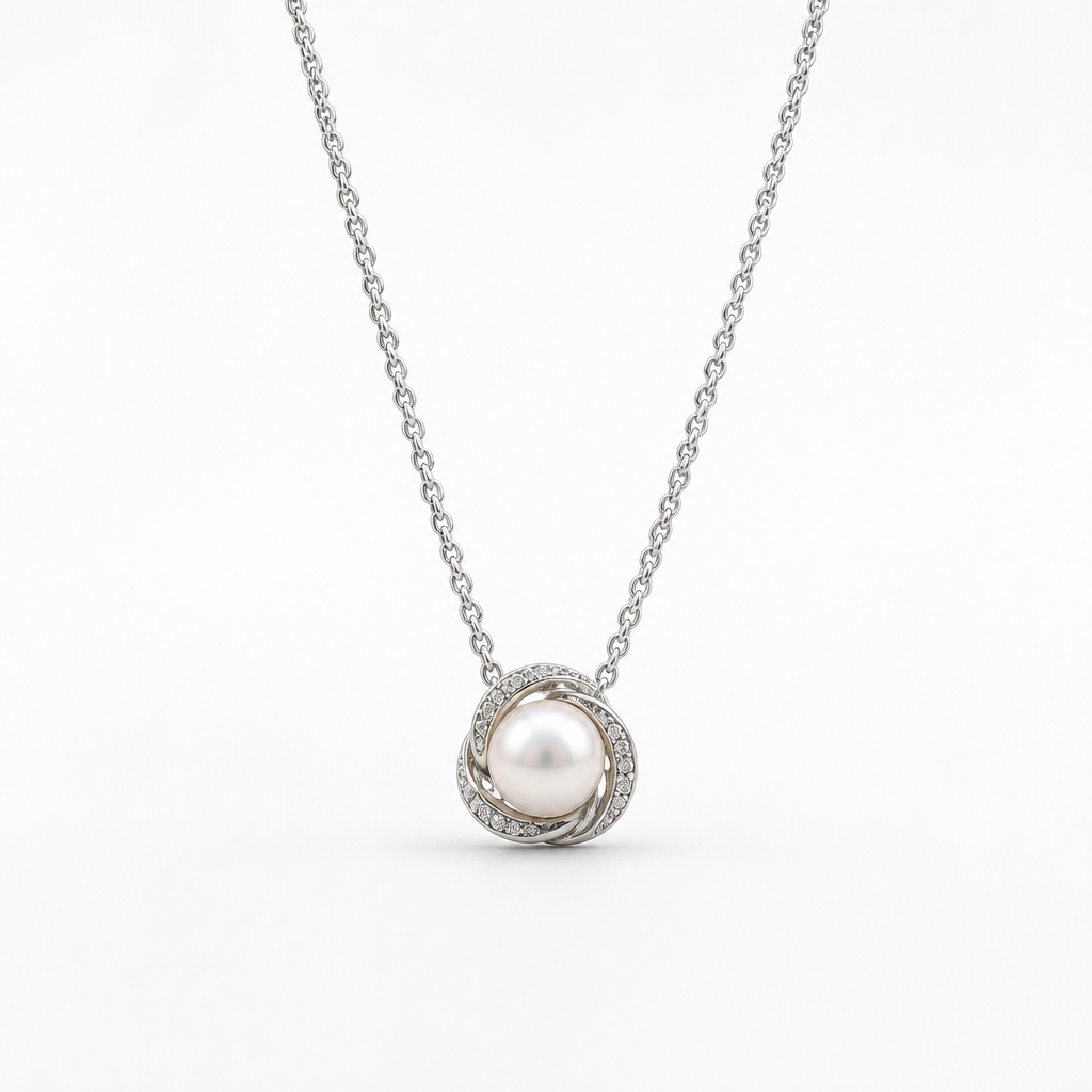 8.8mm Natural Pearl 18'' Cable Chain CZ Pinwheel Swirl Pendant (Bridal, Everyday, Special Occasion)