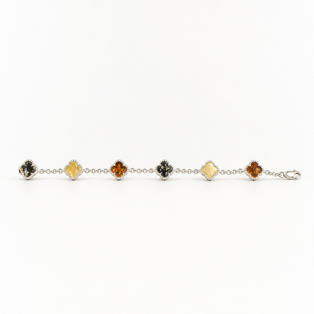 8'' Adjustable Baltic Amber Multi Color Clover Miligrain Design