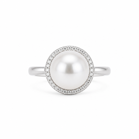 10mm Natural Pearl CZ Halo Sterling Silver AdjustableRing