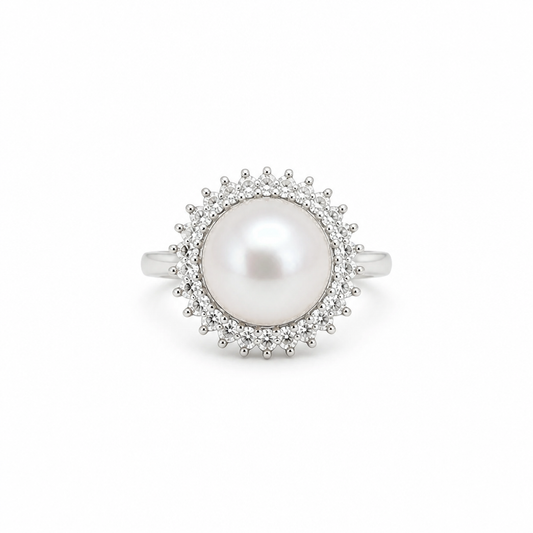 8mm Natural Pearl CZ Double Halo Sunburst Sterling Silver Adjustable Ring (Bridal, Everyday, Special Occasion)