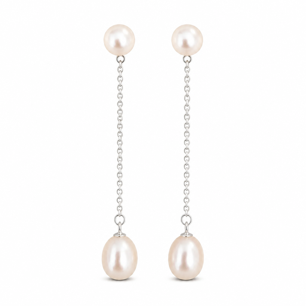 6/7mm Natural Pearl Stud Dangle Drop Sterling Silver Earrings (Bridal, Everyday, Special Occasion)