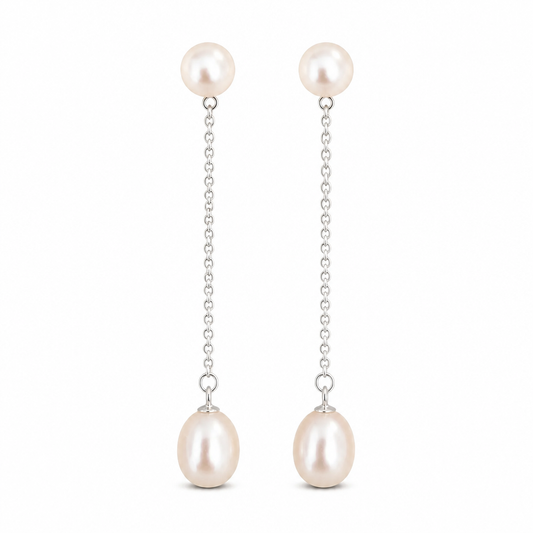 6/7mm Natural Pearl Stud Dangle Drop Sterling Silver Earrings (Bridal, Everyday, Special Occasion)