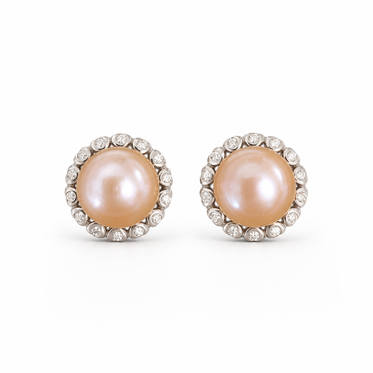8mm Natural Pinkish Pearl CZ Halo Stud Sterling Silver Earrings (Bridal, Everyday, Special Occasion)