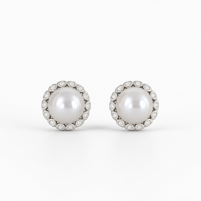 8mm Natural Pearl CZ Halo Stud Sterling Silver 10mm Earrings (Bridal, Everyday, Special Occasion)