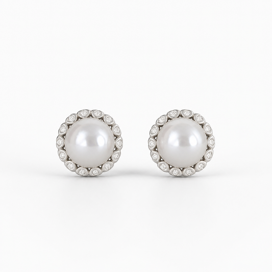 8mm Natural Pearl CZ Halo Stud Sterling Silver 10mm Earrings (Bridal, Everyday, Special Occasion)