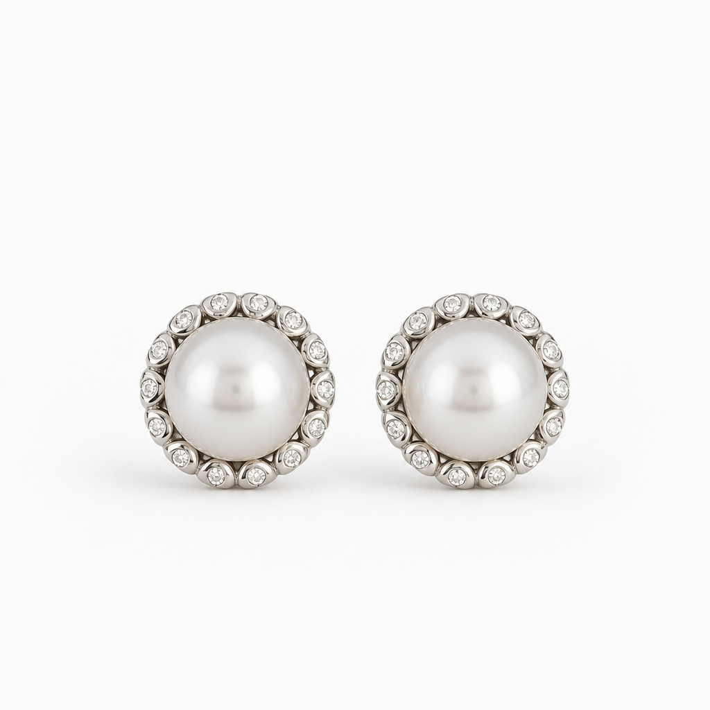 8mm Natural Pearl CZ Halo Stud Sterling Silver 10mm Earrings (Bridal, Everyday, Special Occasion)