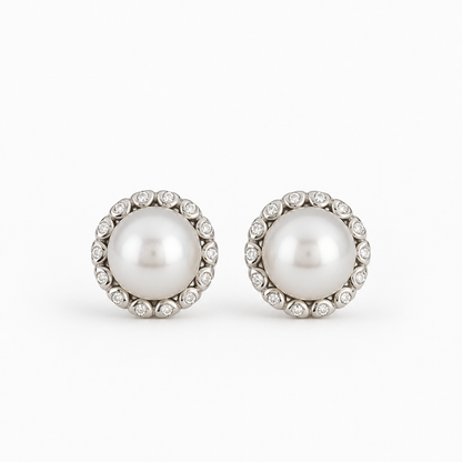 8mm Natural Pearl CZ Halo Stud Sterling Silver 10mm Earrings (Bridal, Everyday, Special Occasion)