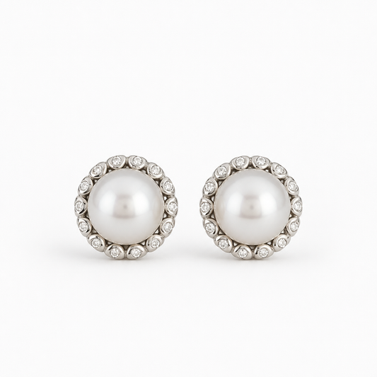 8mm Natural Pearl CZ Halo Stud Sterling Silver 10mm Earrings (Bridal, Everyday, Special Occasion)