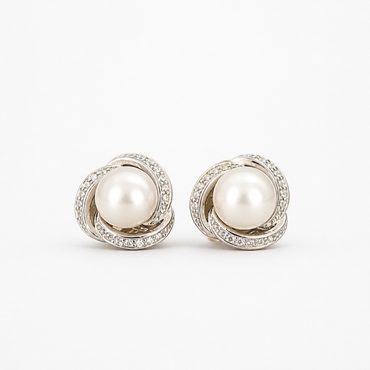 7.4mm Natural Pearl CZ Pinwheel Swirl Stud (Bridal, Everyday, Special Occasion)