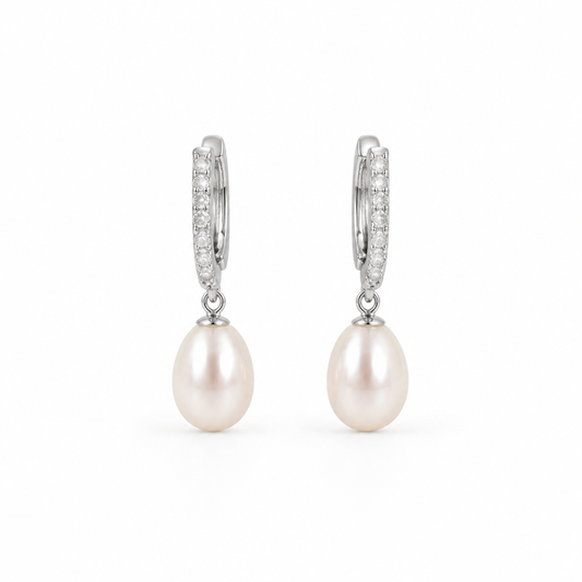 8mm Natural Pearl CZ Lever Back Drop Oblong Pearl (Bridal, Everyday, Special Occasion)