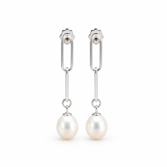 7mm Natural Pearl Paperclip Stud Dangle Drop (Bridal, Everyday, Special Occasion)