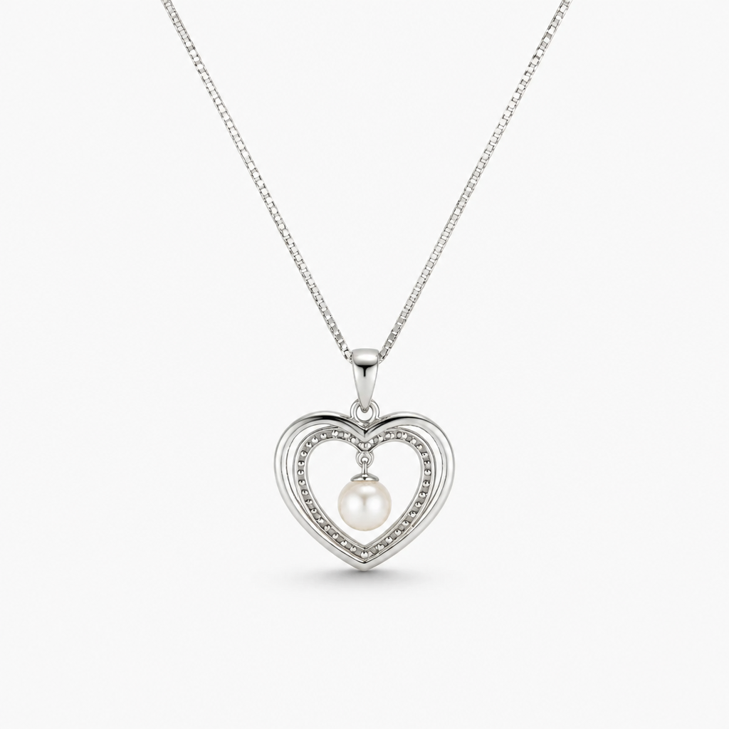 6 mm Natural Pearl 18'' Box Chain Heart Pendant Combination (Bridal, Everyday, Special Occasion)
