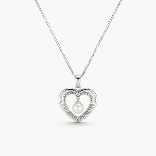 6 mm Natural Pearl 18'' Box Chain Heart Pendant Combination (Bridal, Everyday, Special Occasion)