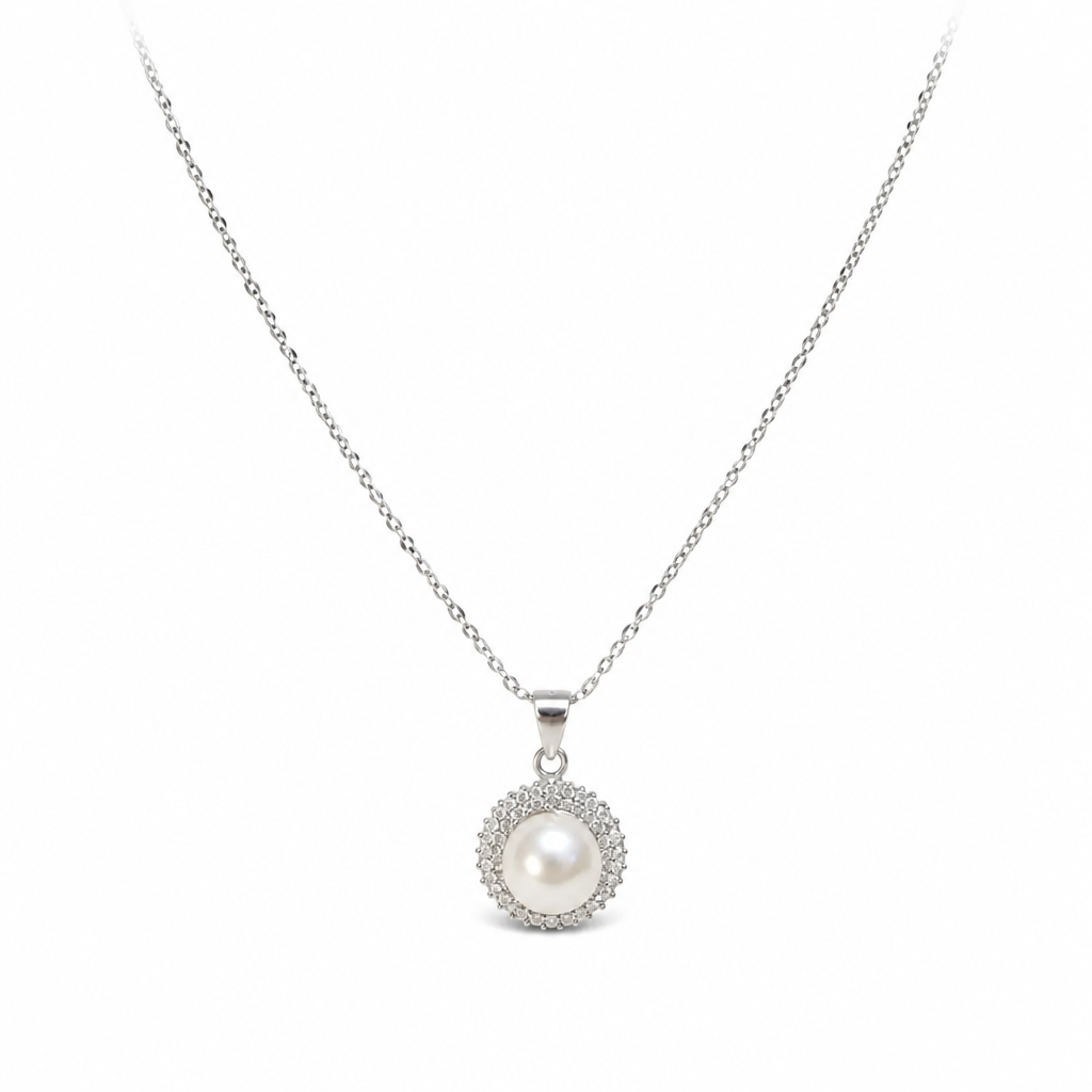 9mm Natural Pearl 18'' Spiga Rope CZ Double Halo Sunburst Pendant (Bridal, Everyday, Special Occasion)