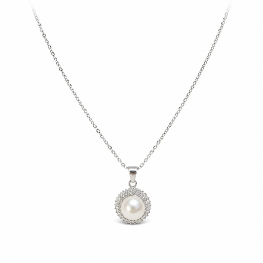9mm Natural Pearl 18'' Spiga Rope CZ Double Halo Sunburst Pendant (Bridal, Everyday, Special Occasion)