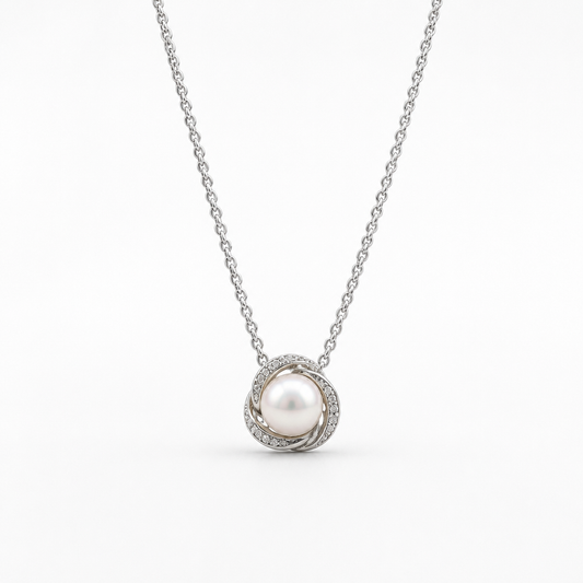 8.8mm Natural Pearl 18'' Cable Chain CZ Pinwheel Swirl Pendant (Bridal, Everyday, Special Occasion)
