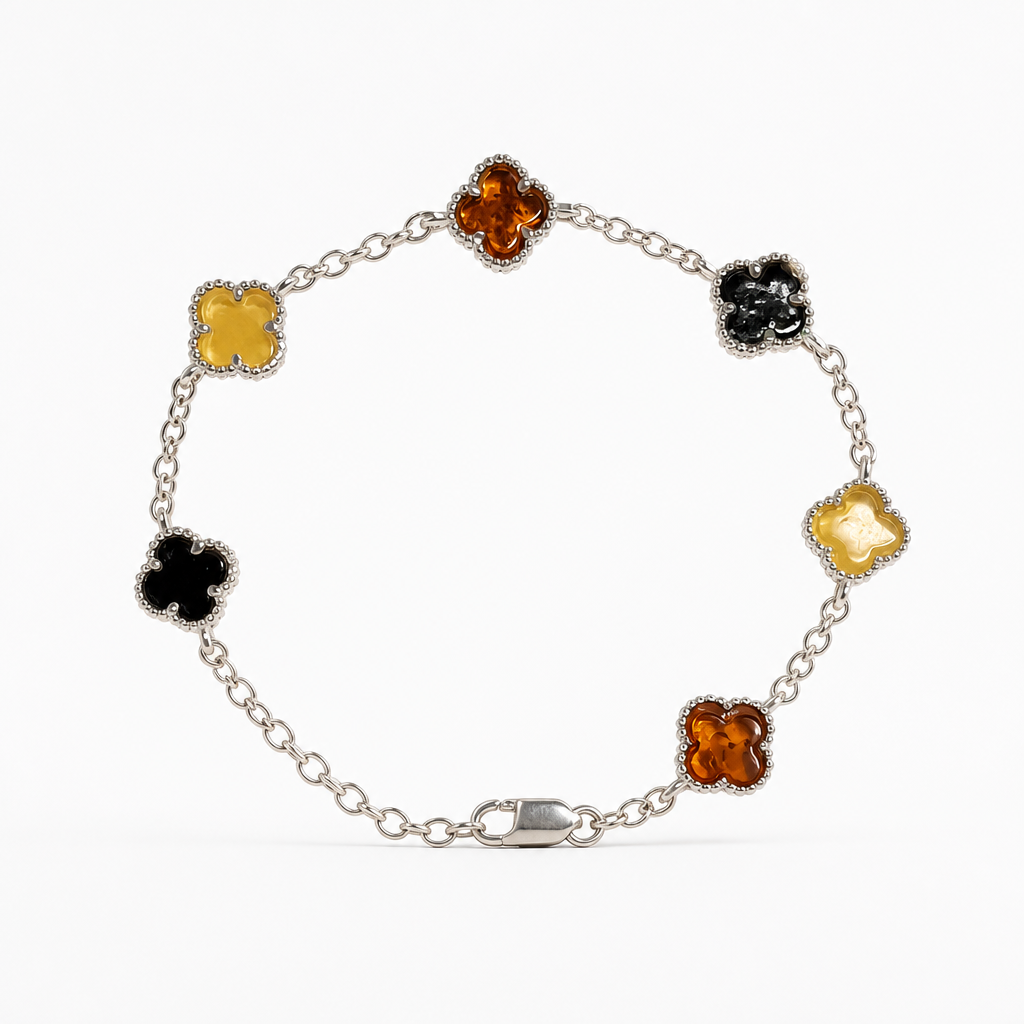 8'' Adjustable Baltic Amber Multi Color Clover Miligrain Design