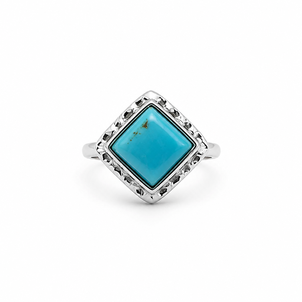 Sterling Silver Size 7 Rhombus Hammered Bezel Sleeping Beauty Turquoise (Arizona Mine)