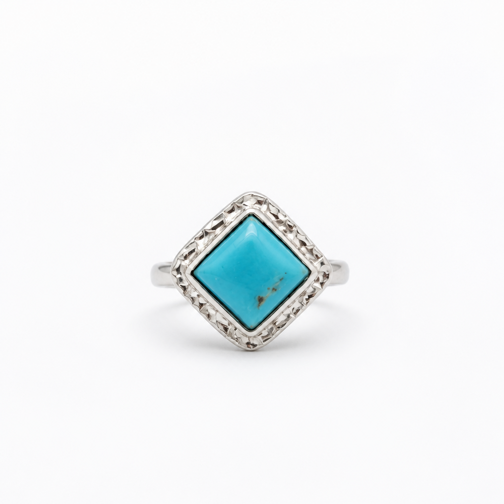 Sterling Silver Size 8  Rhombus Hammered Bezel Sleeping Beauty Turquoise (Arizona Mine)