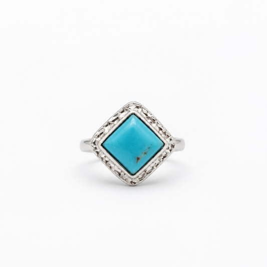 Sterling Silver Size 8  Rhombus Hammered Bezel Sleeping Beauty Turquoise (Arizona Mine)