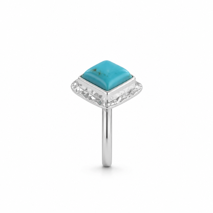 Sterling Silver Size 8  Rhombus Hammered Bezel Sleeping Beauty Turquoise (Arizona Mine)