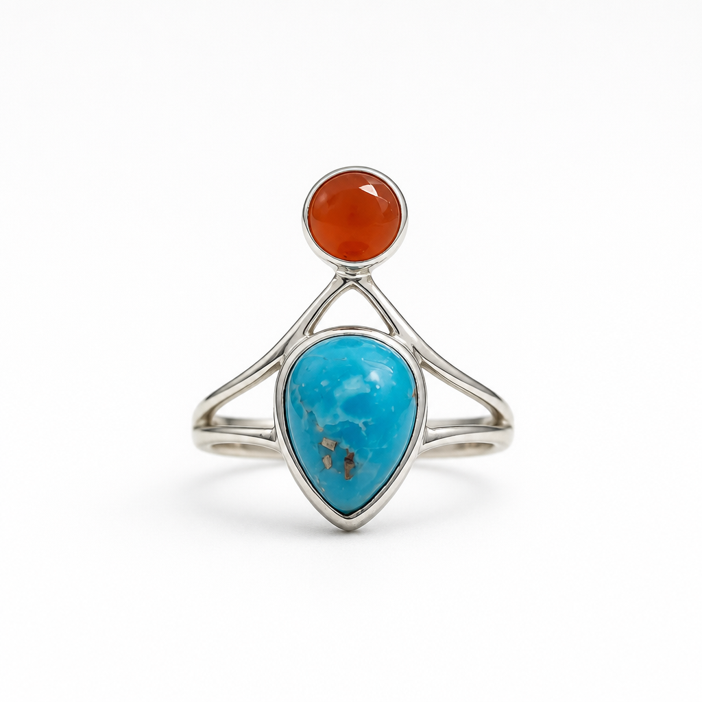 Sterling Silver Size 6.5 Sleeping Beauty Turquiose Pear (Arizona Mine)  CZ Orange Round
