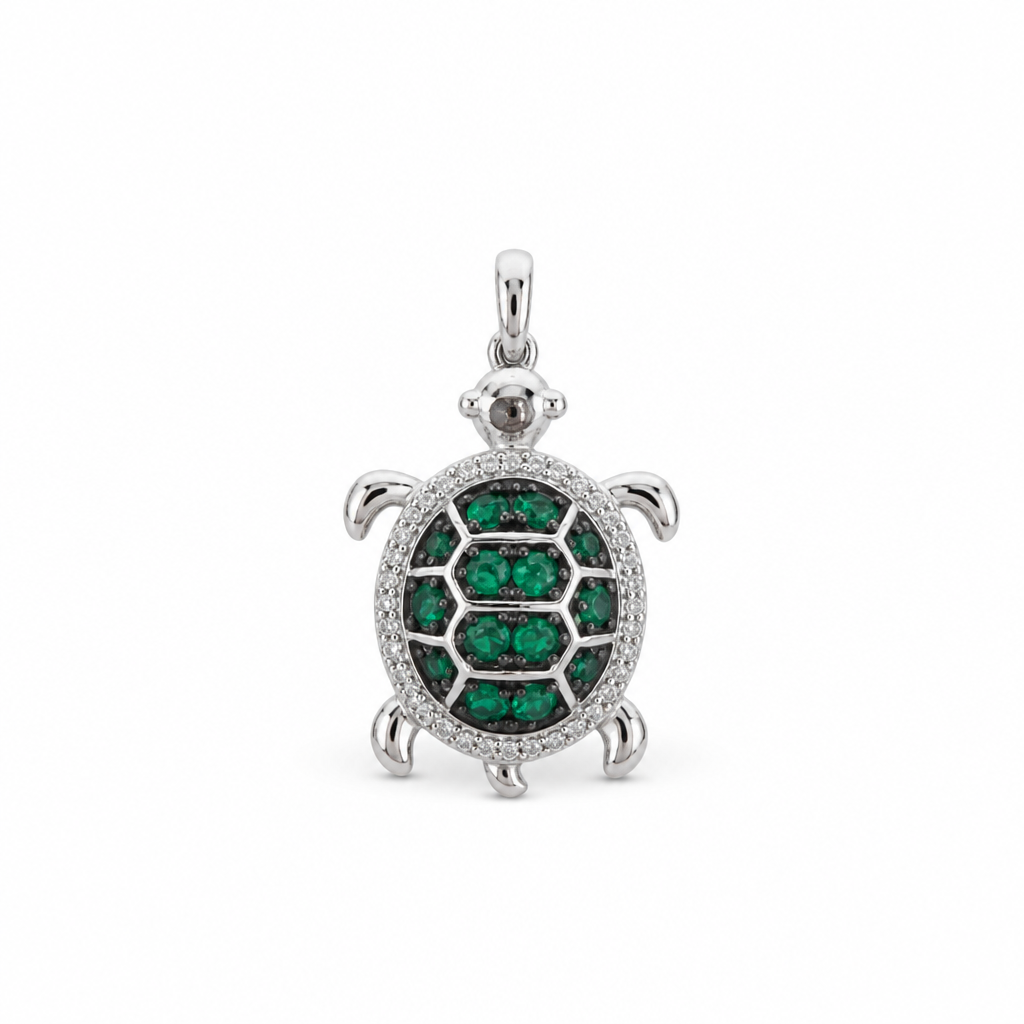 Sterling Silver Turtle White and Green CZ Turtle Pendant