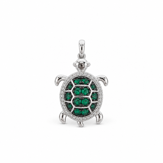 Sterling Silver Turtle White and Green CZ Turtle Pendant