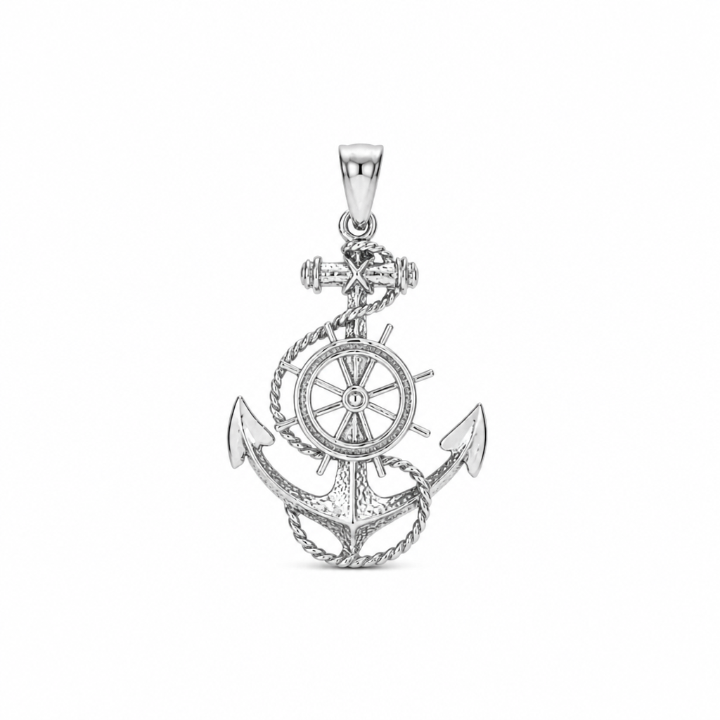 Sterling Silver Anchor with Ships Wheel Pendant