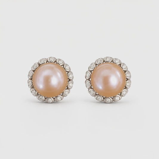 8mm Natural Pinkish Pearl CZ Halo Stud Sterling Silver Earrings (Bridal, Everyday, Special Occasion)